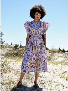 NEW JESSIE ZHAO New York Purple Floral Cotton Puff Sleeve Midi Dress Sz: 6